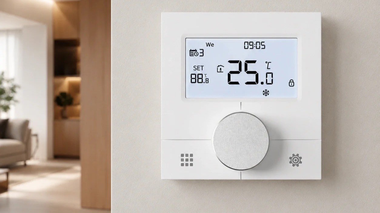 Thermostat mural affichant la température de consigne, dans un intérieur contemporain