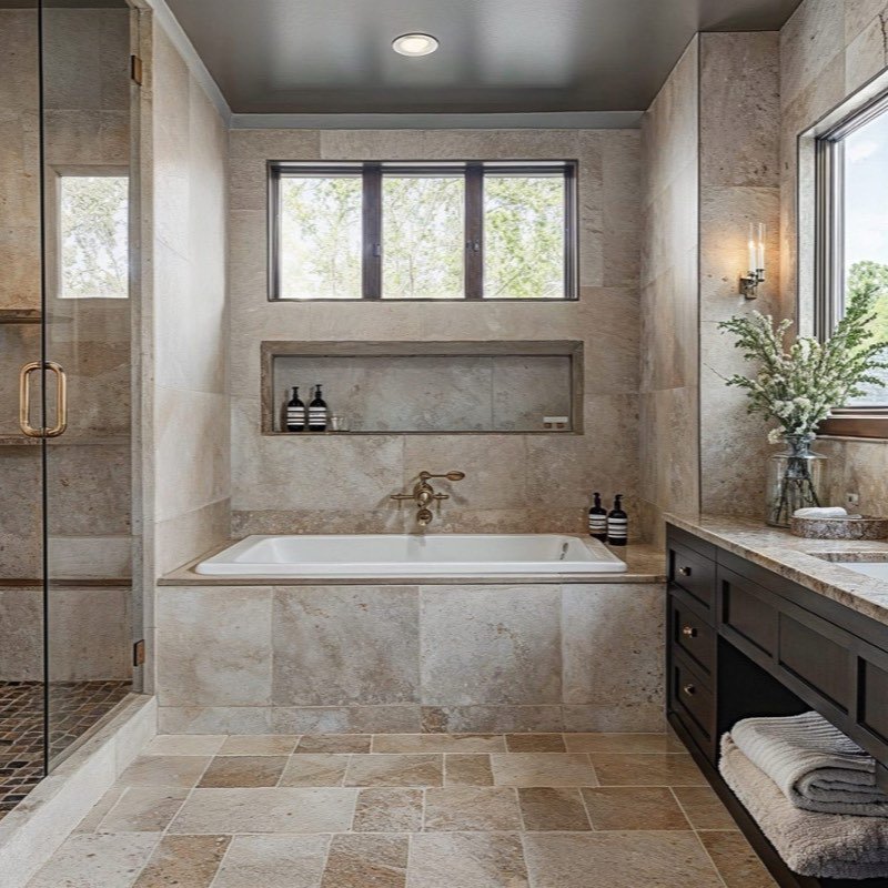 Salle de bain rénovée en pierre naturelle avec douche à l’italienne