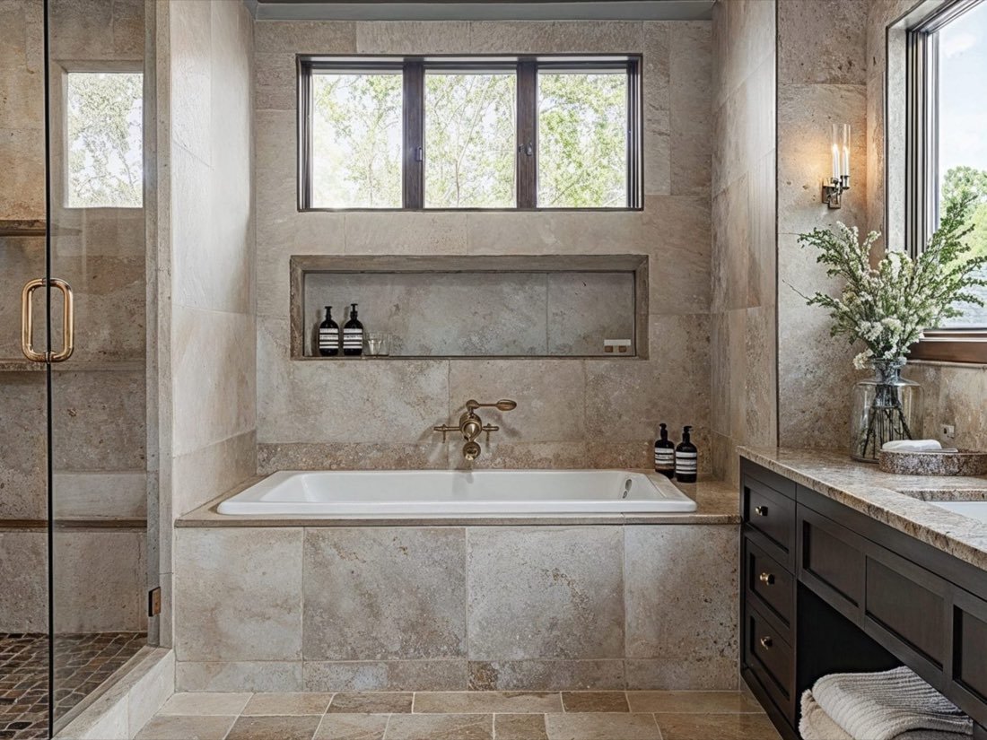 Salle de bain rénovée en pierre naturelle, avec baignoire encastrée et douche vitrée